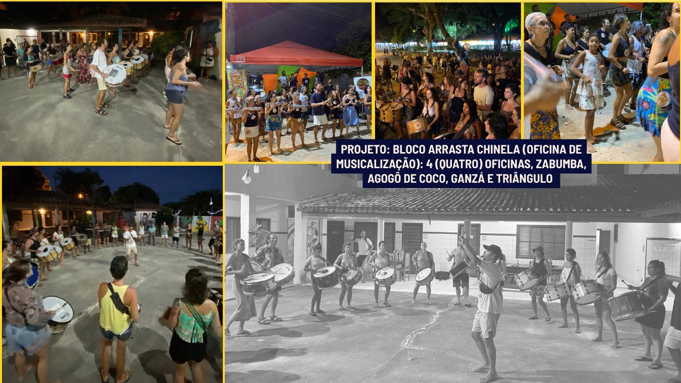Projeto Bloco Arrasta Chinela — oficinas de musicalização: Zabumba, Agogô de Coco, Ganzá e Triângulo